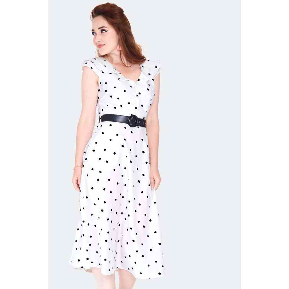 Voodoo Vixen - Polka dot wide collar Flare jurk - XL - Wit